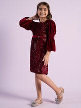 Girls Maroon Party Three Quarter Sleeves Dress with Leggings & Belt