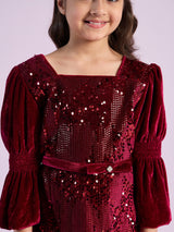 Girls Maroon Party Three Quarter Sleeves Dress with Leggings & Belt