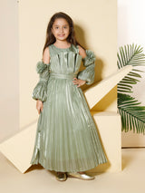 Girls Green Party Wear Gown With Belt