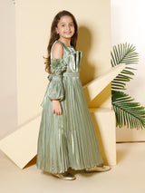 Girls Green Party Wear Gown With Belt
