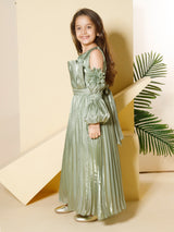 Girls Green Party Wear Gown With Belt