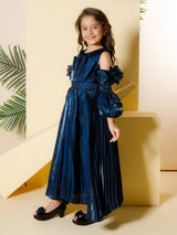 Girls Teal Blue Party Wear Gown With Belt