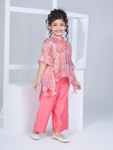 Girls Peach Festive Top With Inner & Pant