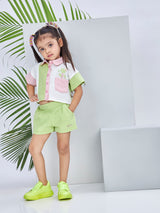 Girls Green Casual Half Sleeves Shorts With Top