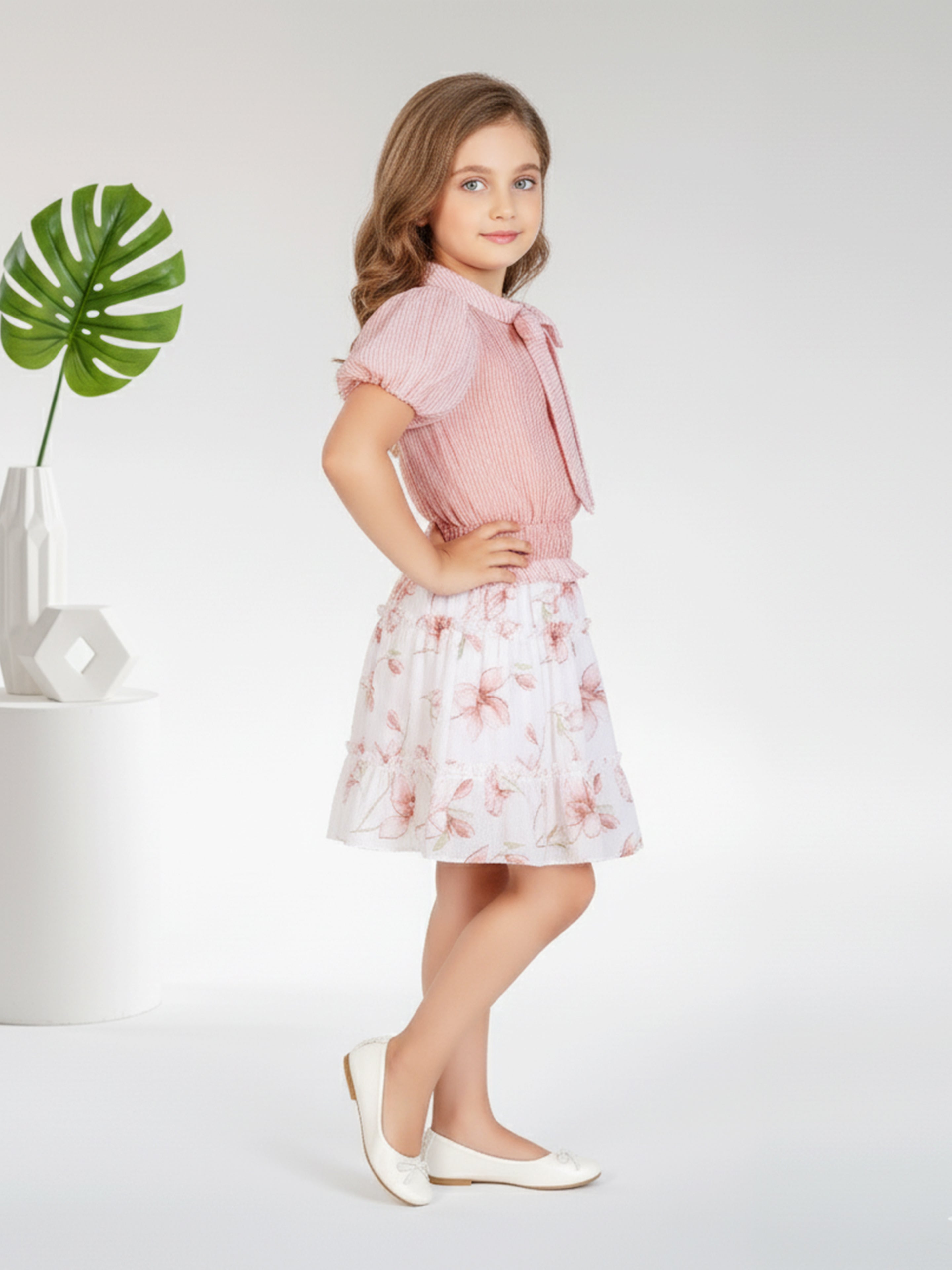 Girls Peach Party Wear Skirt With Top
