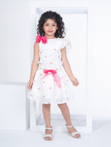 Girls Cream Party Wear Top Skirt With Belt