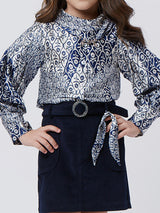 Girls Navy Blue Party Wear Top With Skirt