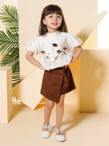 Girls Brown Festive Half Sleeves Skort with Top