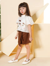 Girls Brown Festive Half Sleeves Skort with Top