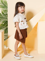 Girls Brown Festive Half Sleeves Skort with Top