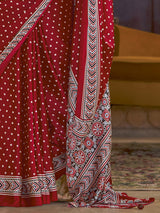 Women's Crepe Red Printed Designer Saree with Blouse Piece