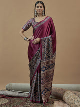 Women's Crepe Magenta Printed Designer Saree With Blouse Piece