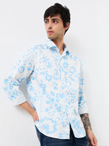 Men's Blue Casual Slim Fit Printed Full Sleeves Shirt