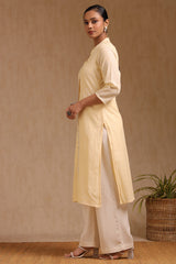 Women's Light Yellow Cotton Kurta With Pearl