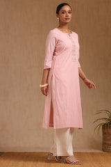 Women's Pink Cotton Kurta With Faux Mirror