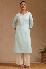 Women's Turquoise Blue Cotton Kurta With Beads