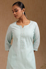 Women's Turquoise Blue Cotton Kurta With Beads