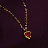Women's Gold Plated Red Emerald Heart Pendant Necklace Waterproof & Anti-Tarnish
