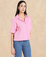 Women's Pink Casual Half Sleeves Top