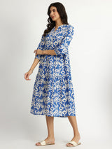 Women's Blue Casual Printed Three Quarter Sleeves Below Knee Dress