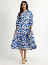 Women's Blue Casual Printed Three Quarter Sleeves Below Knee Dress