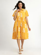 Women's Yellow Casual Printed Half Sleeves Below Knee Dress