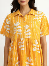 Women's Yellow Casual Printed Half Sleeves Below Knee Dress