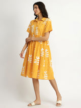 Women's Yellow Casual Printed Half Sleeves Below Knee Dress