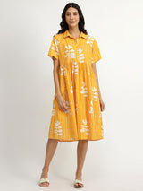 Women's Yellow Casual Printed Half Sleeves Below Knee Dress