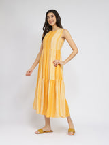 Women's Yellow Casual Striped Sleevless Maxi Length Dress