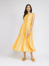 Women's Yellow Casual Striped Sleevless Maxi Length Dress