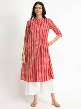 Women's Red Casual Striped Three Quarter Sleeve Calf Length Kurta