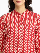Women's Red Casual Striped Three Quarter Sleeve Calf Length Kurta