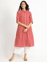 Women's Red Casual Striped Three Quarter Sleeve Calf Length Kurta