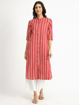 Women's Red Casual Striped Three Quarter Sleeve Calf Length Kurta