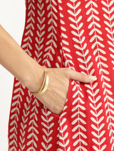 Women's Red Casual Striped Three Quarter Sleeve Calf Length Kurta