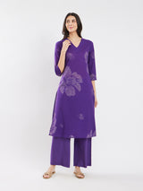 Women's Purple Daily Three Quarter Sleeve Regular Sleeve Kurta Set