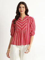 Women's Red Casual Printed Three Quarter Sleeves Regular Top