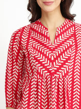 Women's Red Casual Printed Three Quarter Sleeves Regular Top