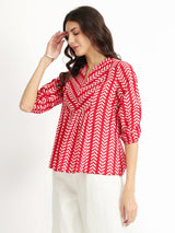 Women's Red Casual Printed Three Quarter Sleeves Regular Top