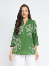 Women's Green Casual Printed Three Quarter Sleeves Regular Top