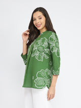 Women's Green Casual Printed Three Quarter Sleeves Regular Top