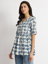 Women's Blue Casual Printed Half Sleeves Regular Top