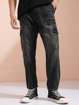 Men's Dark Grey Cotton Mid-Rise Tapered Fit Light Fade Cargo Pocket Jeans