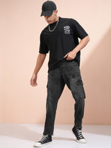 Men's Dark Grey Cotton Mid-Rise Tapered Fit Light Fade Cargo Pocket Jeans