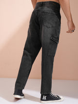 Men's Dark Grey Cotton Mid-Rise Tapered Fit Light Fade Cargo Pocket Jeans