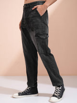Men's Dark Grey Cotton Mid-Rise Tapered Fit Light Fade Cargo Pocket Jeans