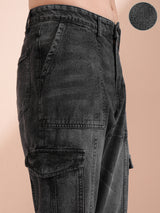 Men's Dark Grey Cotton Mid-Rise Tapered Fit Light Fade Cargo Pocket Jeans