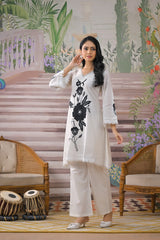 Women's White Work Regular Fit Embroidered Three Quarter Sleeves Co-Ord Sets