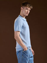 Men's Blue Textured Slim Fit V-Notch Style Polo Tshirt